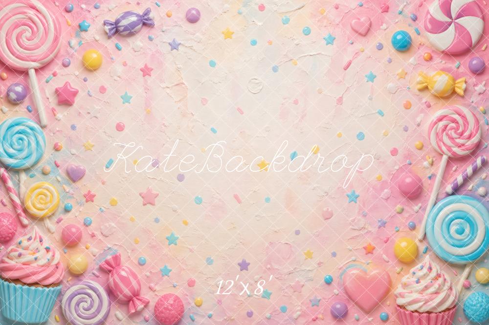 Kate Birthday Pastel Candy Cupcakes Lollipops Sweets Printed Backdrop Designed by Vertigo Productions