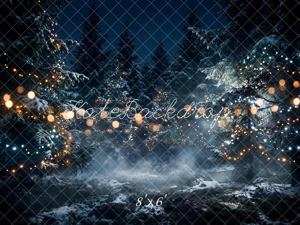 TEST Kate Christmas Snowy Forest String Lights Night Printed Backdrop Designed by Happy Squirrel Design