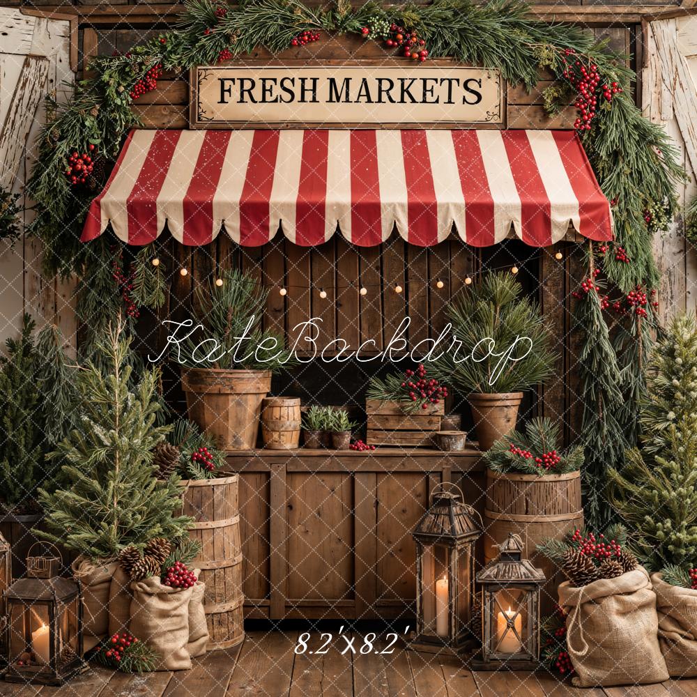 Kate Christmas Market Pine Trees Wreath Lanterns Printed Backdrop Designed by Emetselch