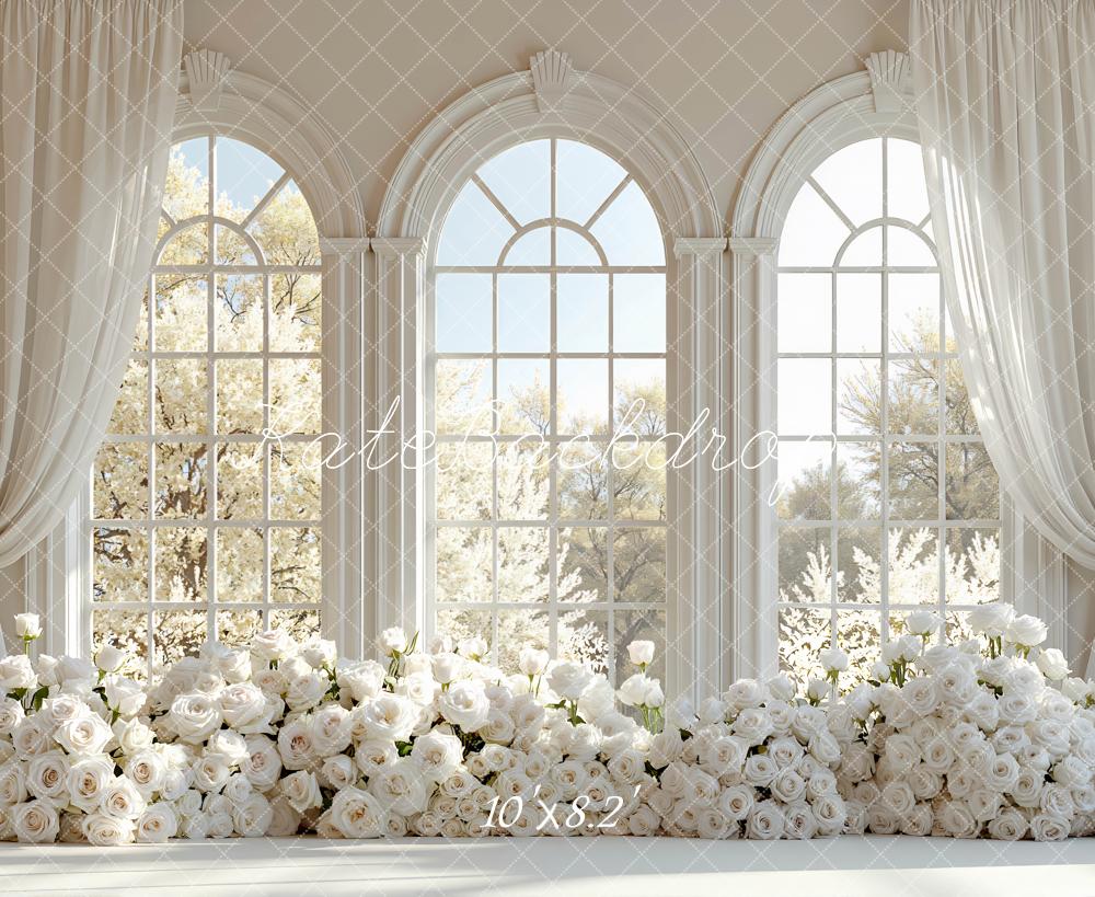 Kate Spring White Roses Floral Arch Large Windows Printed Backdrop Designed by Mini MakeBelieve