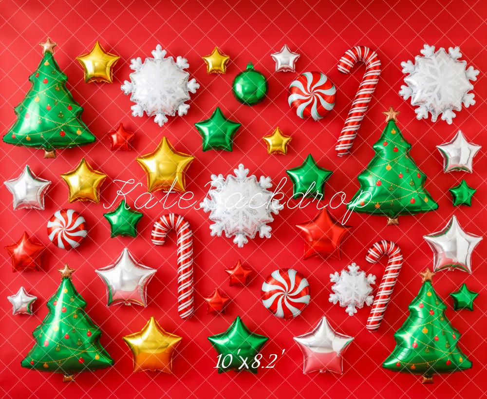 Kate Christmas Balloons Tree Candy Cane Star Snowflake Red Printed Backdrop Printed Backdrop Designed by Patty Roberts
