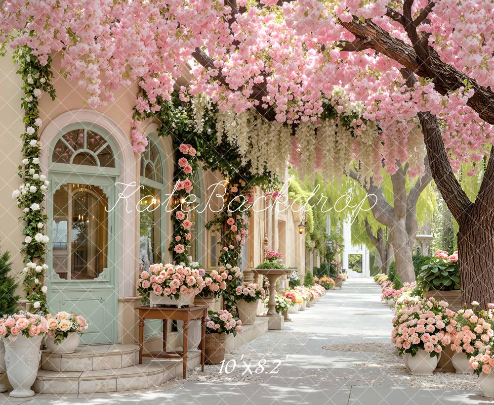 Kate Spring Pink Flower Arch Cherry Blossom Garden Printed Backdrop Designed by Mini MakeBelieve