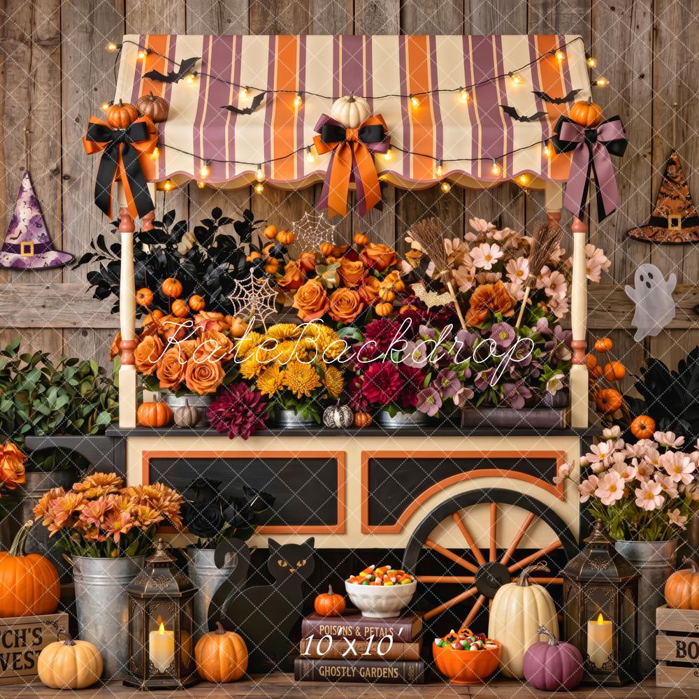 Kate Halloween Pumpkin Floral Cart Witch Bow Striped Awning Printed Backdrop Designed by Patty Roberts