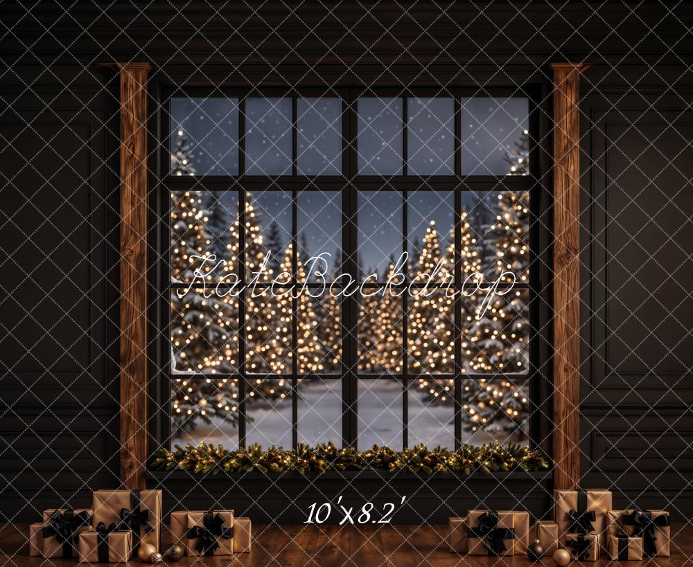Kate Christmas Window Night Trees Presents Printed Backdrop Designed by Emetselch
