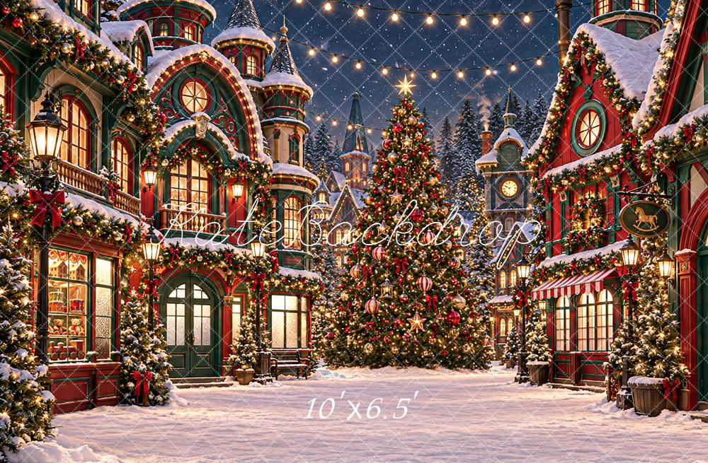 Kate Christmas Night Snowy Village Victorian Shop Christmas Tree Lights Printed Backdrop Designed by Angela Miller