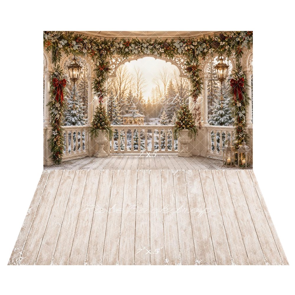 Kate Christmas Garland Gazebo Winter Forest Printed Backdrop+Light Beige Retro Wood Plank Wall Printed Backdrop