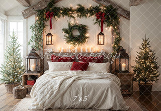 Kate Christmas Bedroom Cozy Garland Wreath Trees White Printed Backdrop Designed by Emetselch