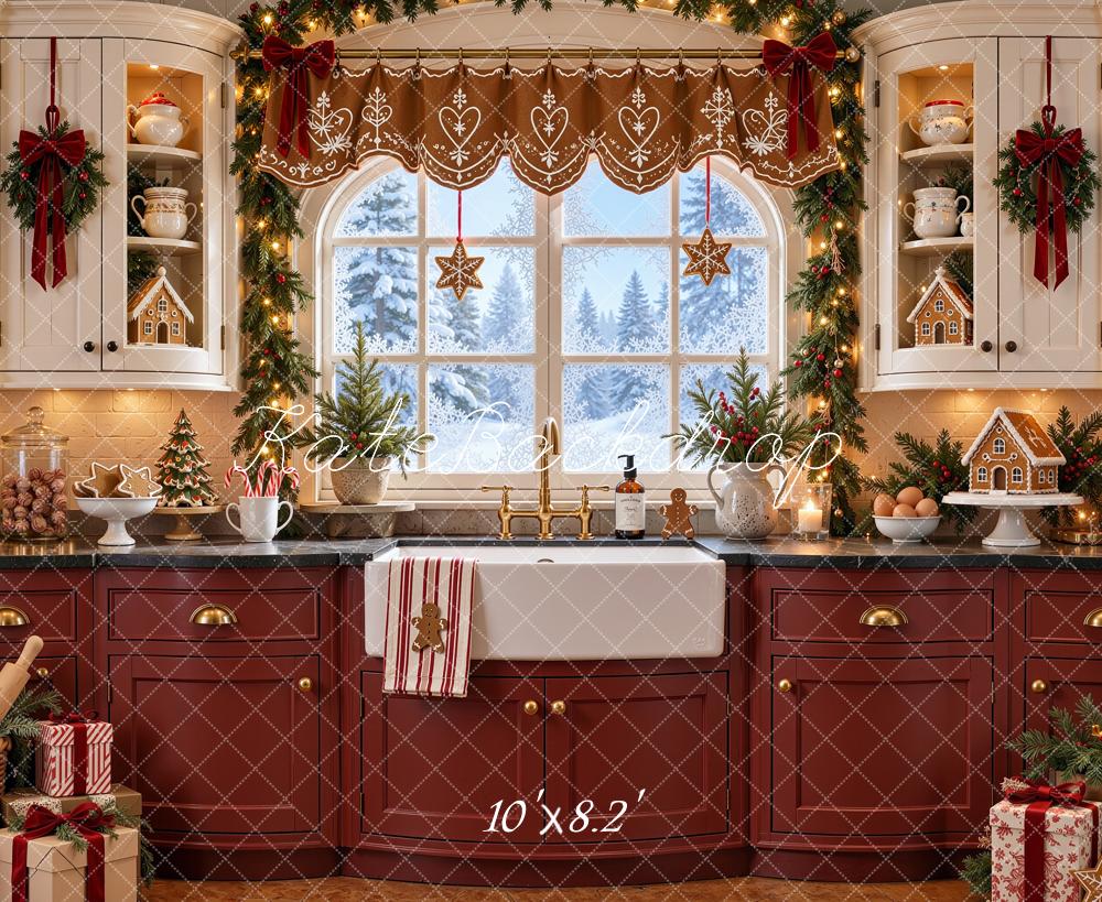 Kate Christmas Kitchen Gingerbread Window Red White Cabinet Printed Backdrop Designed by Shutter Swan Studios