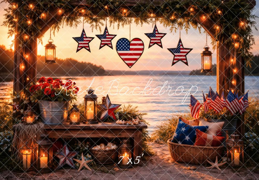 Kate 4th Of July Arch Stars American Flags Lake Sunset Printed Backdrop Designed by Vertigo Productions