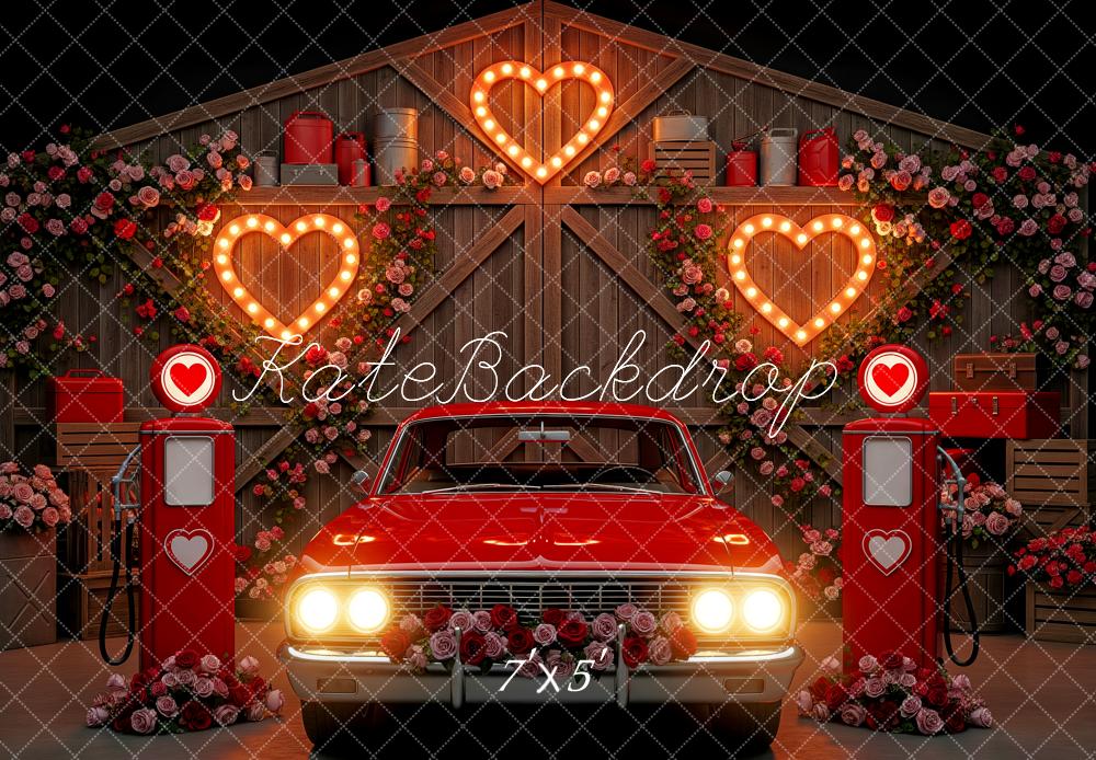Kate Valentine's Day Red Car Heart Gas Pump Barn Roses Backdrop Designed by Patty Roberts