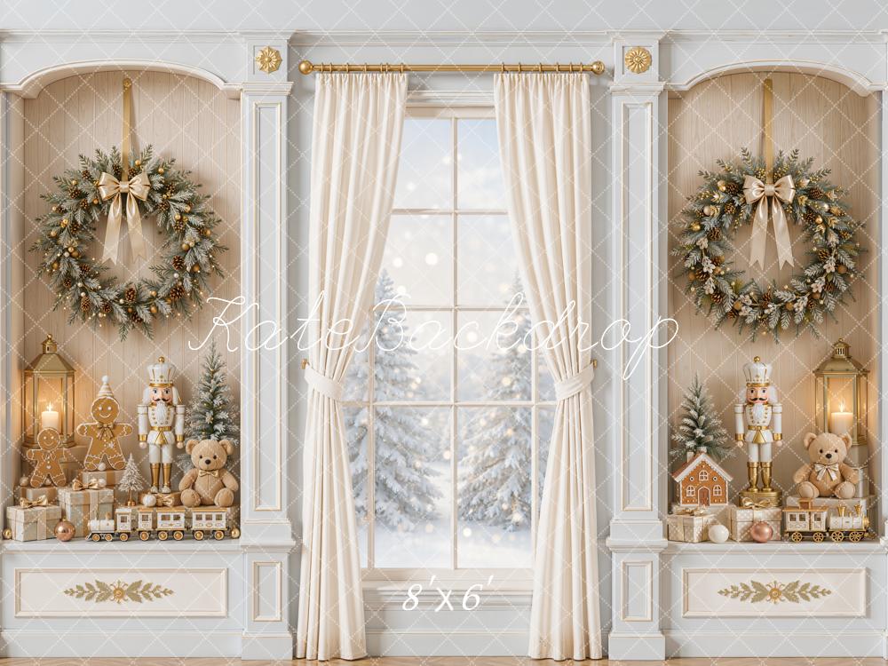 Kate Christmas White Curtains Window Wreath Nutcracker Gingerbread Printed Backdrop Designed by Emetselch