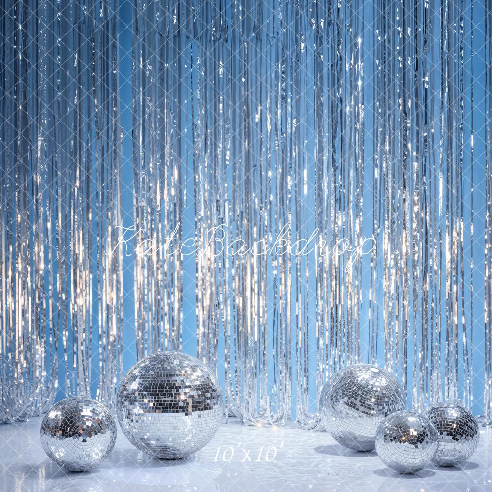 Kate Disco Silver Balls Tinsel Curtain Blue Printed Backdrop Designed by Emetselch