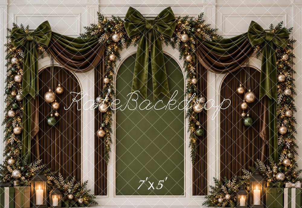 Kate Christmas Arched Wall Green Velvet Bow Garland Printed Backdrop Designed by Ashley Paul
