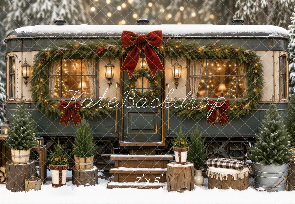 Kate Christmas Snowy Garland Trailer Res Bow Printed Backdrop Designed by Emetselch