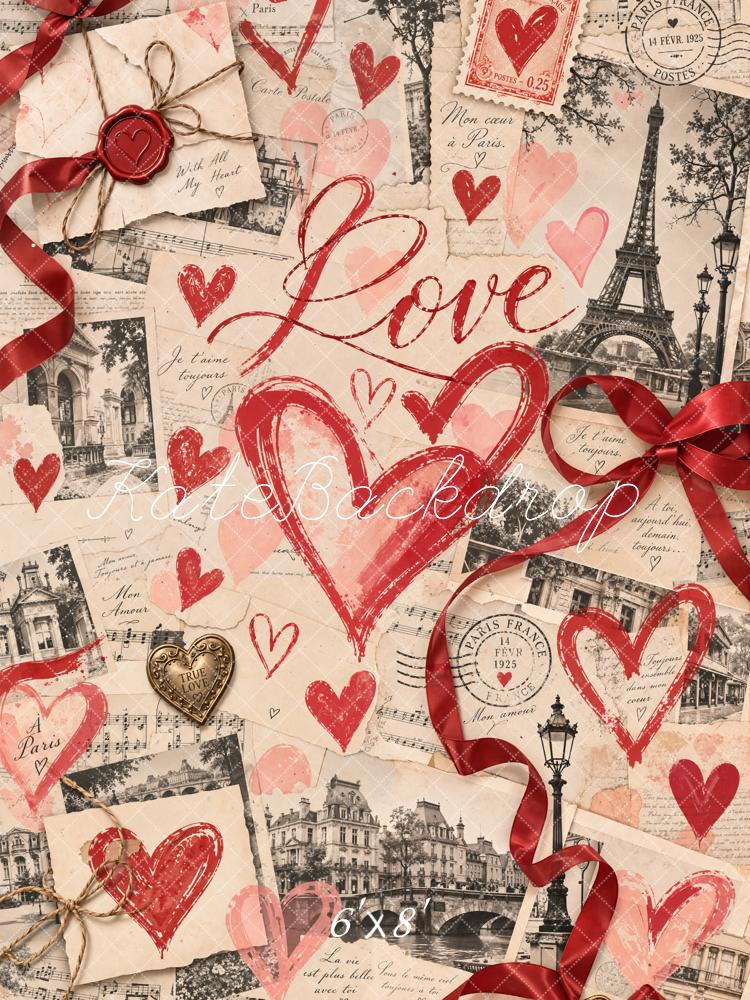Kate Valentine's Day Newspaper Eiffel Tower Love Hearts Collage Printed Backdrop Designed by Chain Photography
