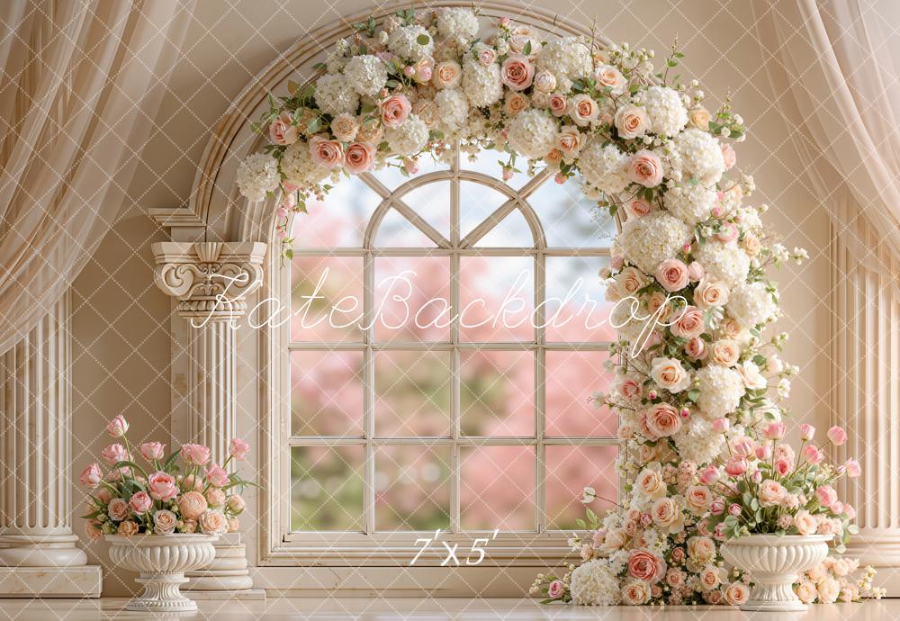 Kate Spring Flower Arch Window Retro Columns Printed Backdrop Designed by Emetselch