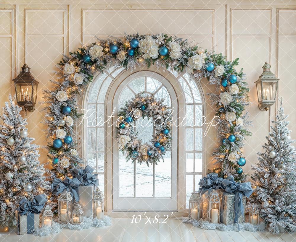 Kate Christmas Tree Arch Wreath Blue Ornaments Snowy Backdrop Designed by Emetselch
