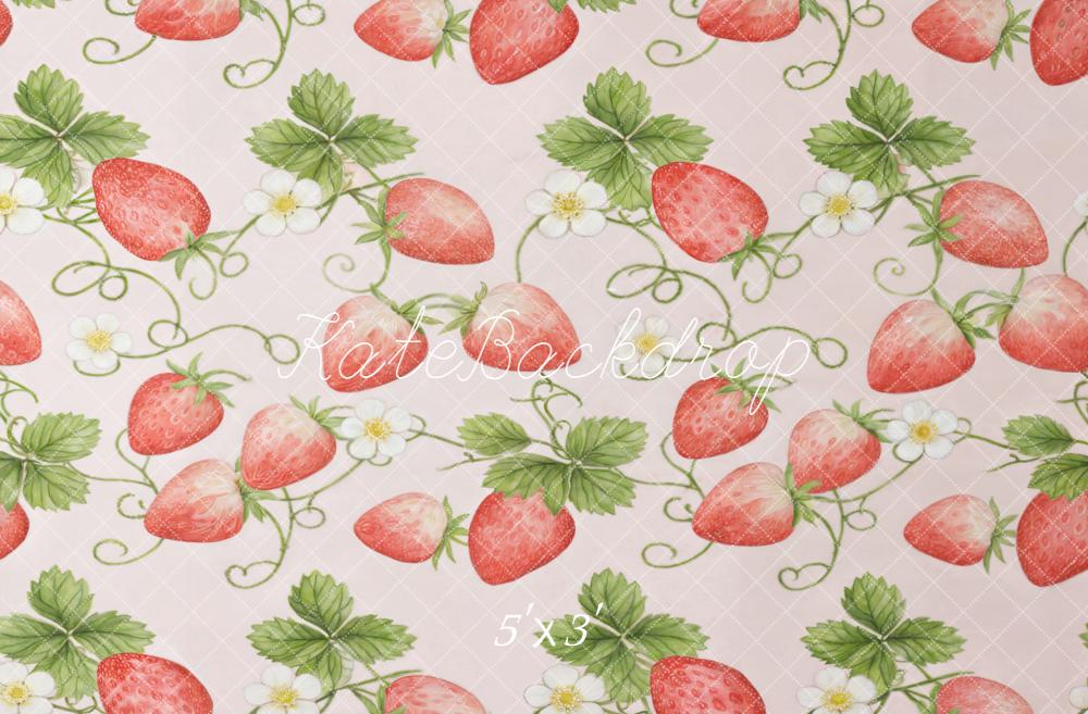 Kate Strawberry Vine Leaves Flowers Pink Floor Backdrop Designed by GQ