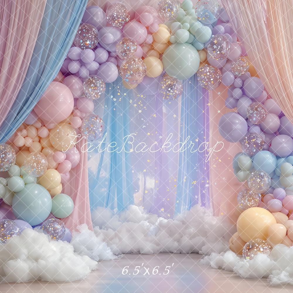 Kate Cake Smash Pastel Balloon Arch Clouds Curtains Backdrop Designed by Ashley Paul