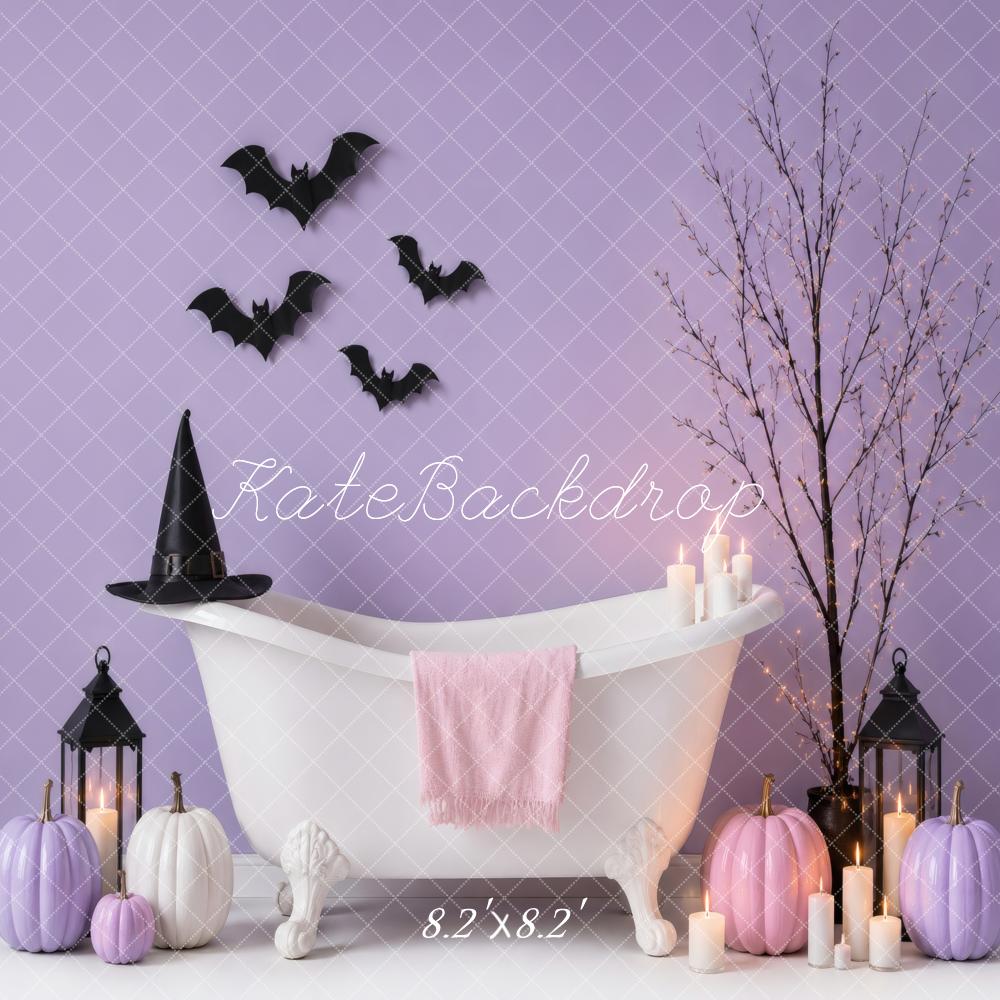 Kate Halloween Baby Shower Bathtub Purple Pumpkins Bats Candles Printed Backdrop Designed by Vertigo Productions