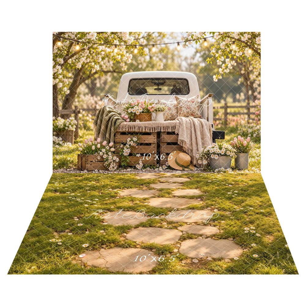 Kate Spring Truck Flowers Picnic Cherry Blossom Printed Backdrop+Green Grass Daisy Stepping Stone Path Floor Printed Backdrop