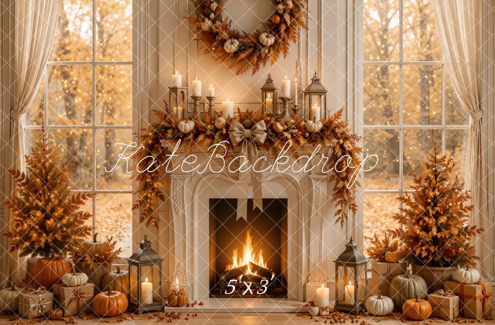 Kate Fall Fireplace Window Pumpkin Wreath Cozy Printed Backdrop Designed by Emetselch