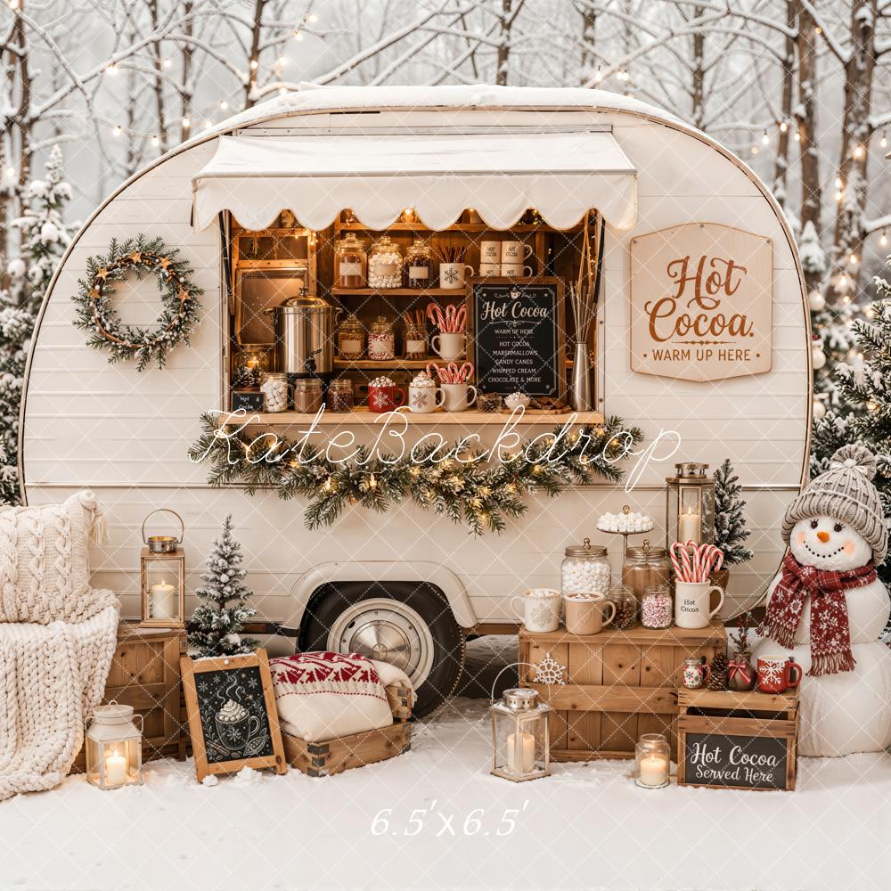 Kate Christmas Hot Cocoa Camper Snowy Forest Snowman Printed Backdrop Designed by Emetselch