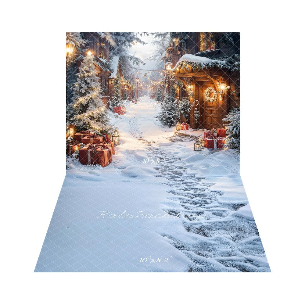 Kate Christmas Snowy Village Pine Trees Gifts Lanterns Backdrop+Winter Snowy Frozen Path Blue Backdrop