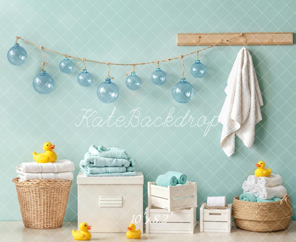 Kate Blue Bathroom Rubber Ducks Towels Baskets Hanging Lights Backdrop Designed by Emetselch