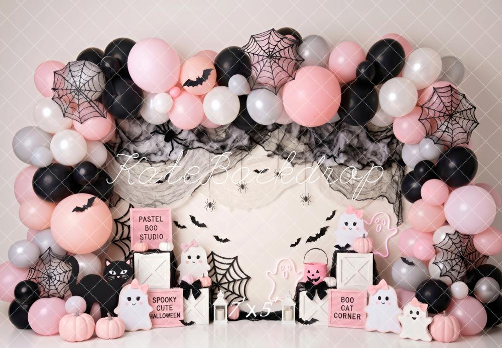 Kate Halloween Cake Smash Pink Balloon Arch Spider Web Bats Printed Backdrop Designed by Patty Roberts