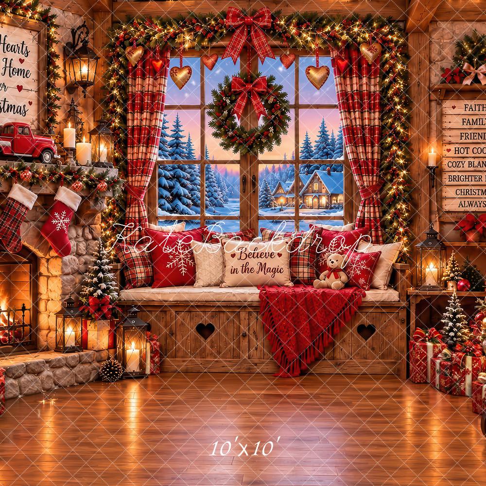 Kate Christmas Rustic Cabin Fireplace Window Wreath Trees Printed Backdrop Designed by Laura Bybee