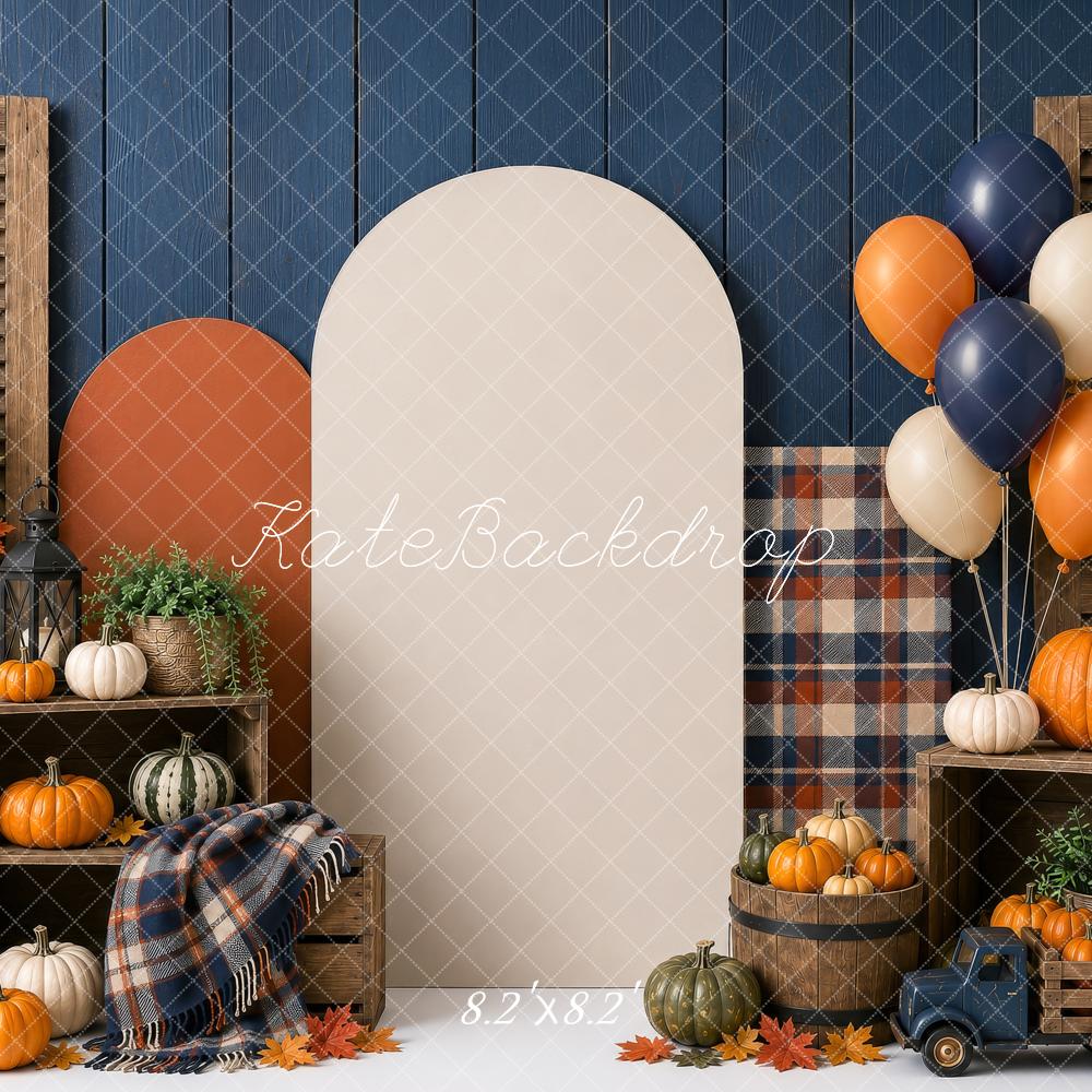 Kate Fall Cake Smash Blue Plaid Pumpkin Balloon Arch Truck Printed Backdrop Designed by Shutter Swan Studios