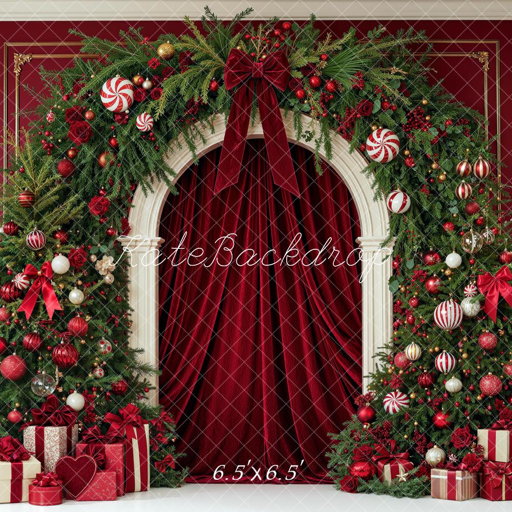 Kate Christmas Red Drapes Evergreen Arch Gifts Printed Backdrop Designed by Mini MakeBelieve