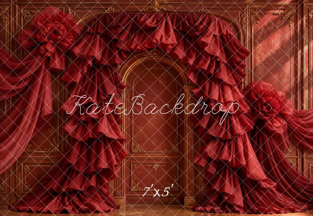 Kate Romantic Red Ruffled Drapery Fabric Rosettes Ornate Retro Wall Printed Backdrop Designed by Emetselch