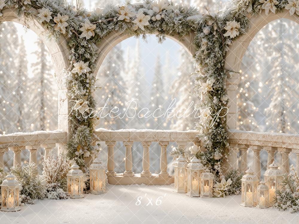 Kate Christmas Balcony Snowy Floral Arch Lanterns Printed Backdrop Designed by Emetselch
