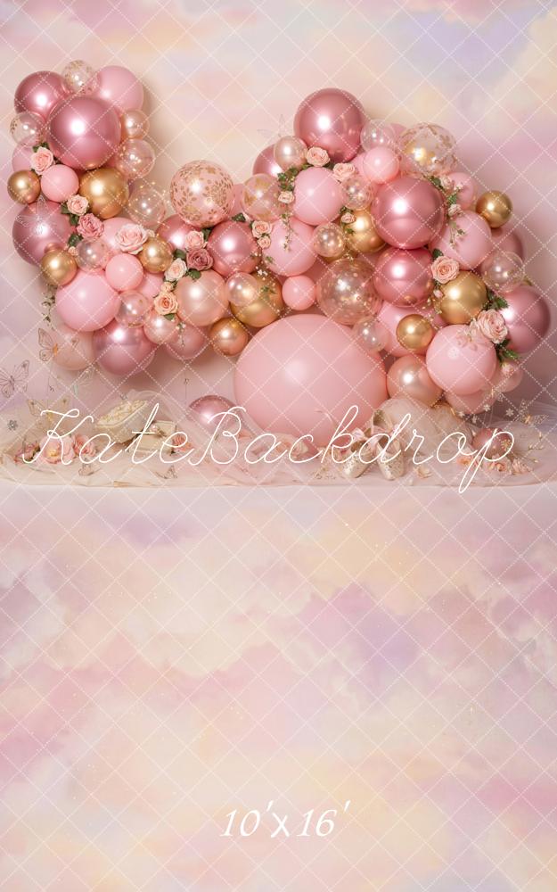 Kate Sweep Cake Smash Pink Balloon Garland Roses Pastel Clouds Printed Backdrop Designed by Emetselch