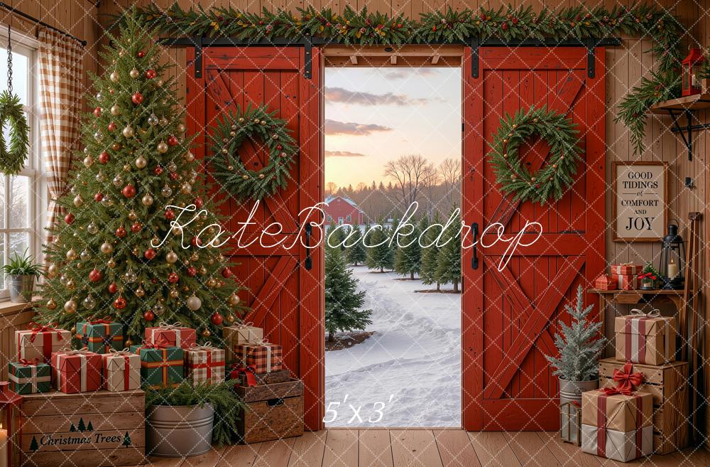 Kate Christmas Red Barn Doors Tree Wreaths Snowy Path Printed Backdrop Designed by Shutter Swan Studios