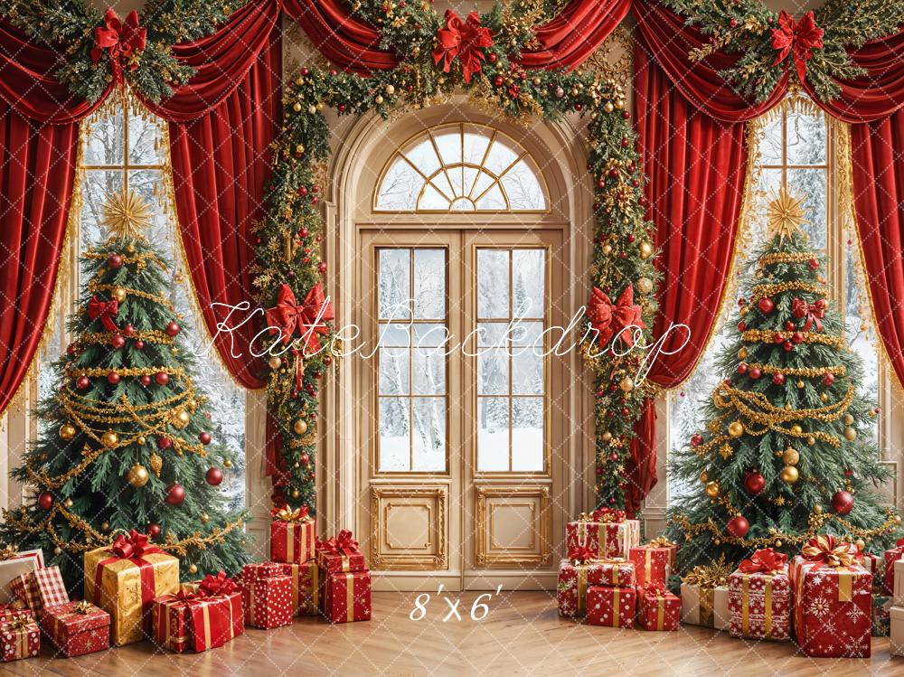 Kate Christmas Tree Red Curtain Arched Door Backdrop Designed by Emetselch