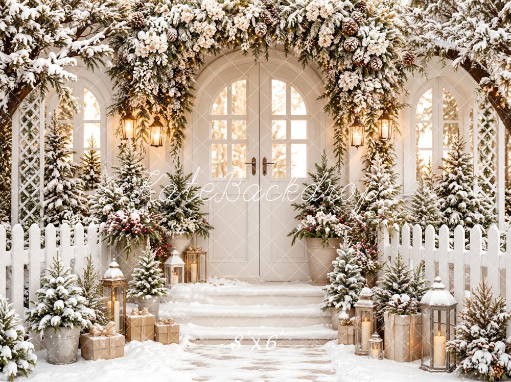 Kate Christmas Snowy Porch Pine Garland Lanterns White Fence Printed Backdrop Designed by Emetselch