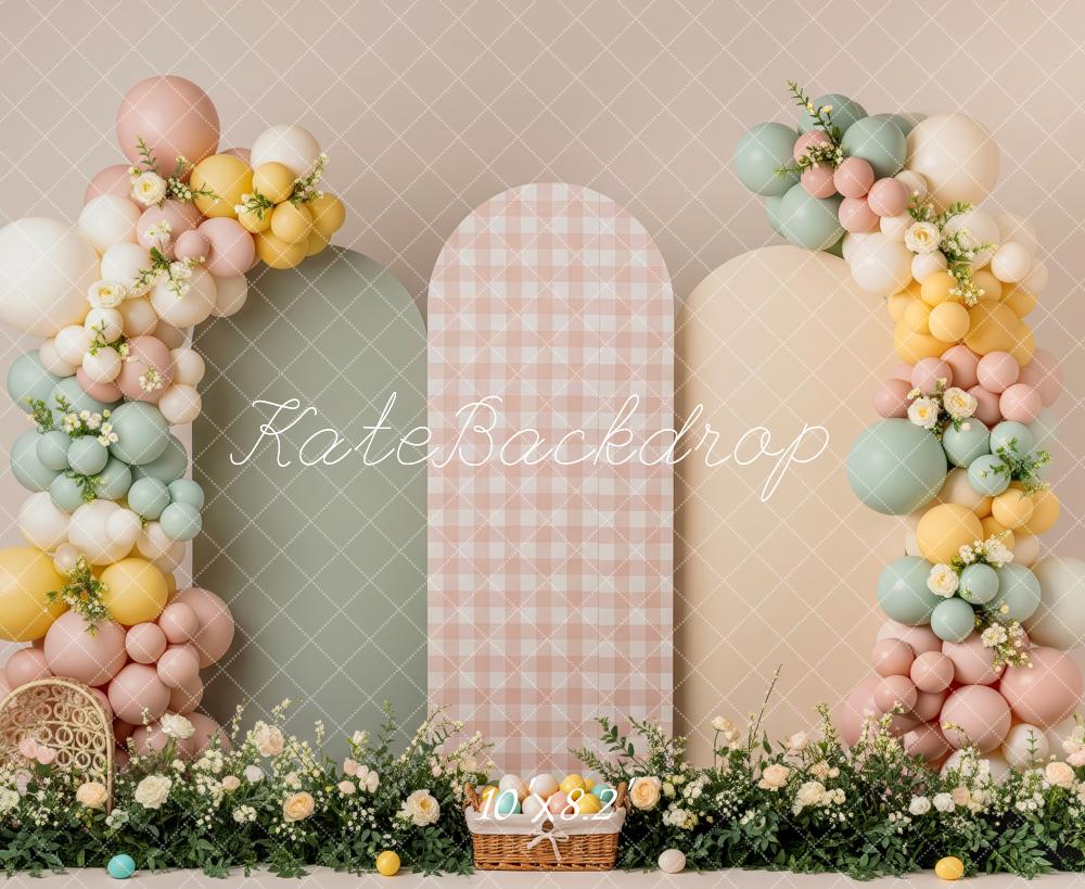 Kate Easter Pastel Balloon Flower Arch Gingha Basket Printed Backdrop Designed by Patty Roberts