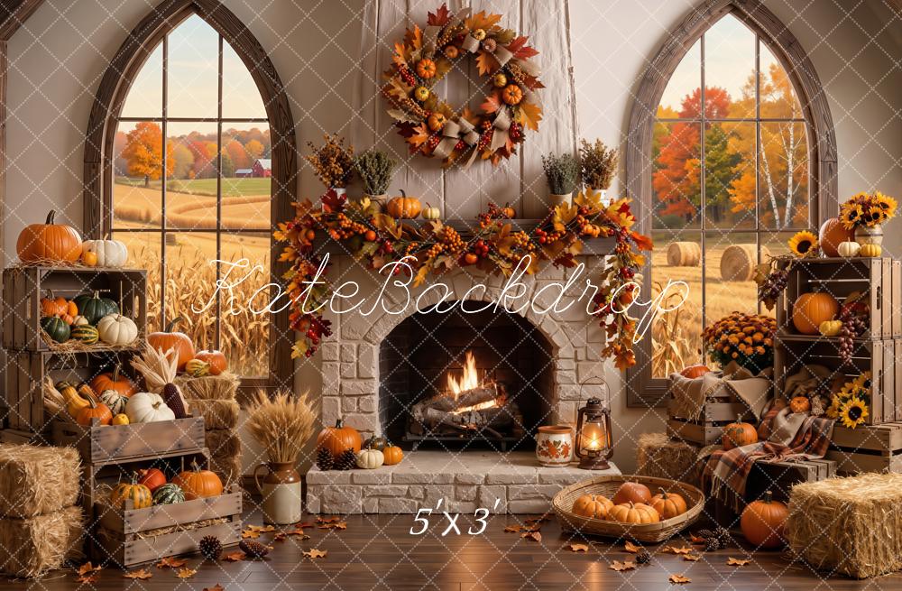 Kate Fall Stone Fireplace Pumpkins Wreath Harvest Field Window Printed Backdrop Designed by Emetselch