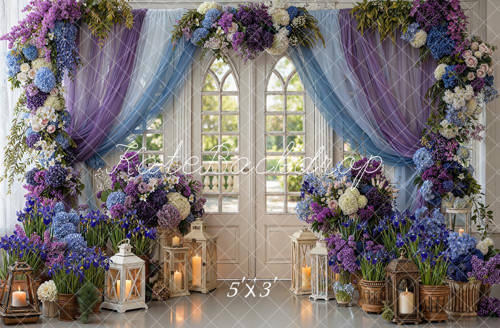 Kate Spring Flower Arch Purple Blue Window Lanterns Backdrop Designed by Emetselch