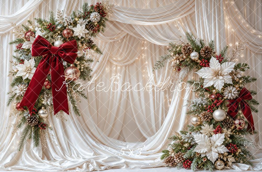 Kate Christmas Pine Garland Red Bow Poinsettia Ivory Drapes Printed Backdrop Designed by Emetselch
