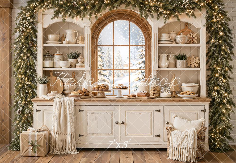 Kate Christmas Kitchen Cabinet White Window Garland Blanket Printed Backdrop Designed by Emetselch