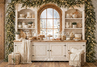 Kate Christmas Kitchen Cabinet White Window Garland Blanket Printed Backdrop Designed by Emetselch