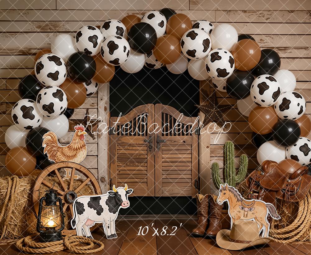 Kate Cake Smash Western Saloon Barn Cow Print Balloon Arch Farm Animals Backdrop Designed by Emetselch