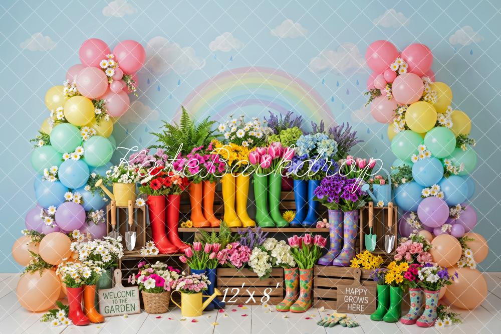 Kate Spring Birthday Garden Balloon Arch Flowers Rain Boots Rainbow Printed Backdrop Designed by Patty Roberts