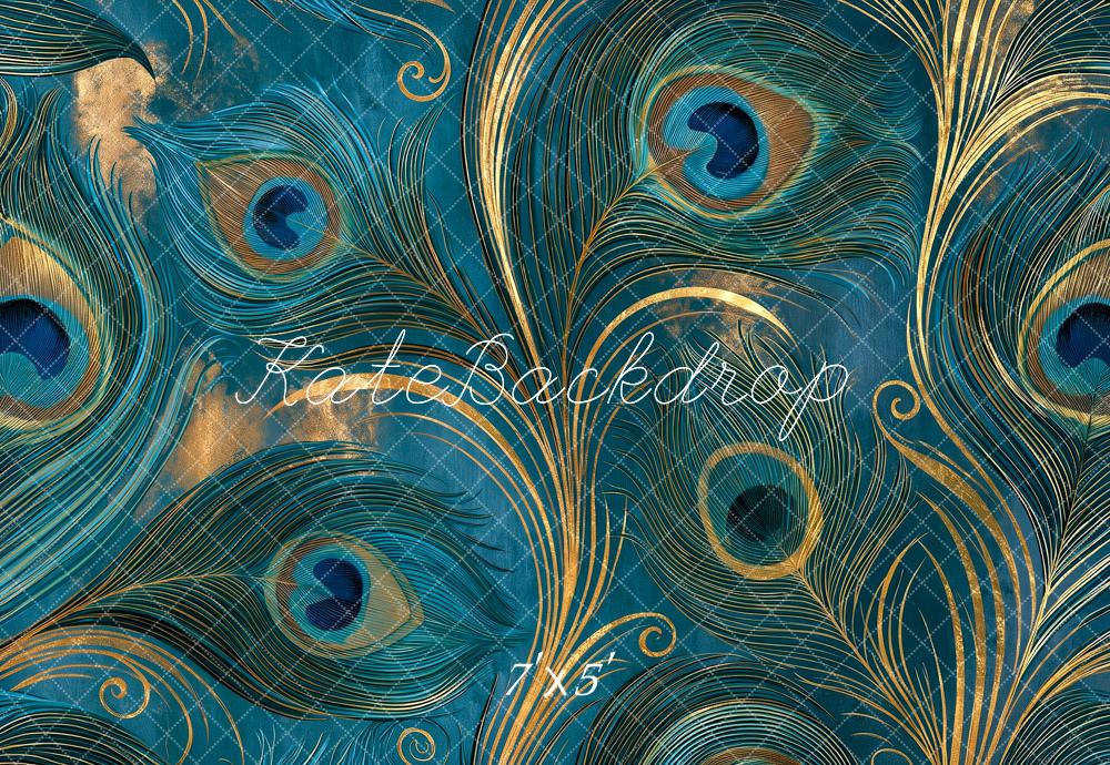 Kate Fine Art Teal Peacock Feather Gold Swirl Pattern Printed Backdrop Designed by Angela Miller