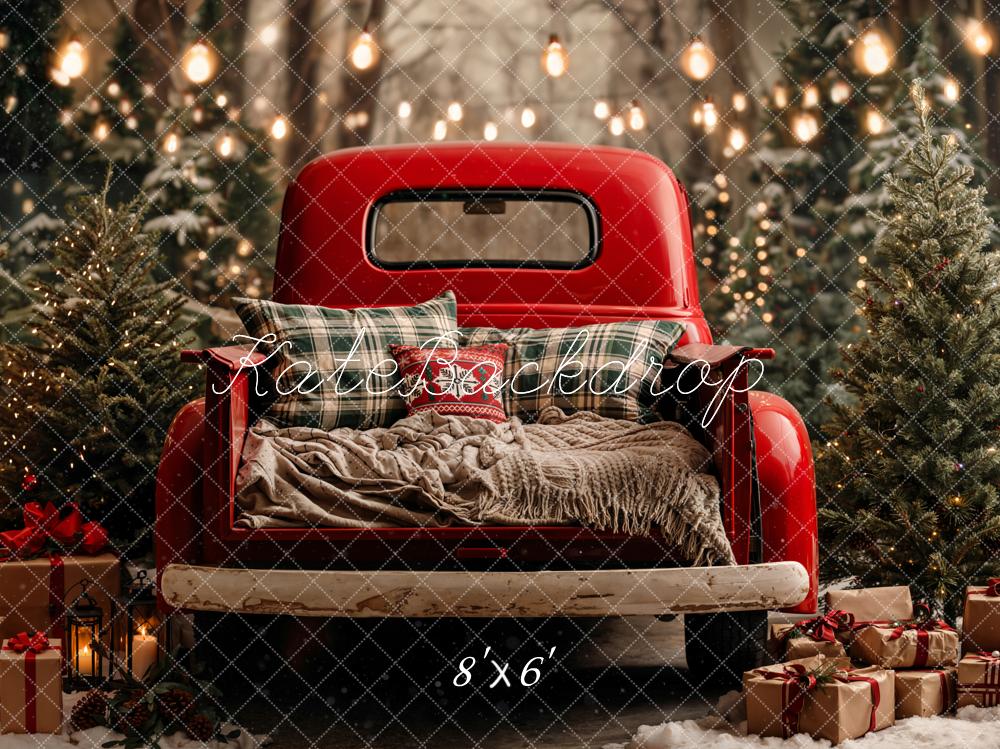 Kate Christmas Red Truck Pine Trees String Lights Backdrop Designed by Emetselch