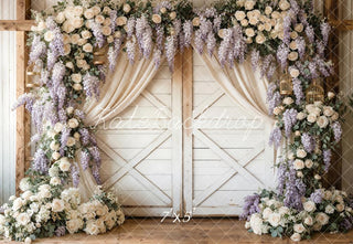 Kate Spring Flower Arch White Barn Door Lavender Roses Printed Backdrop Designed by Emetselch